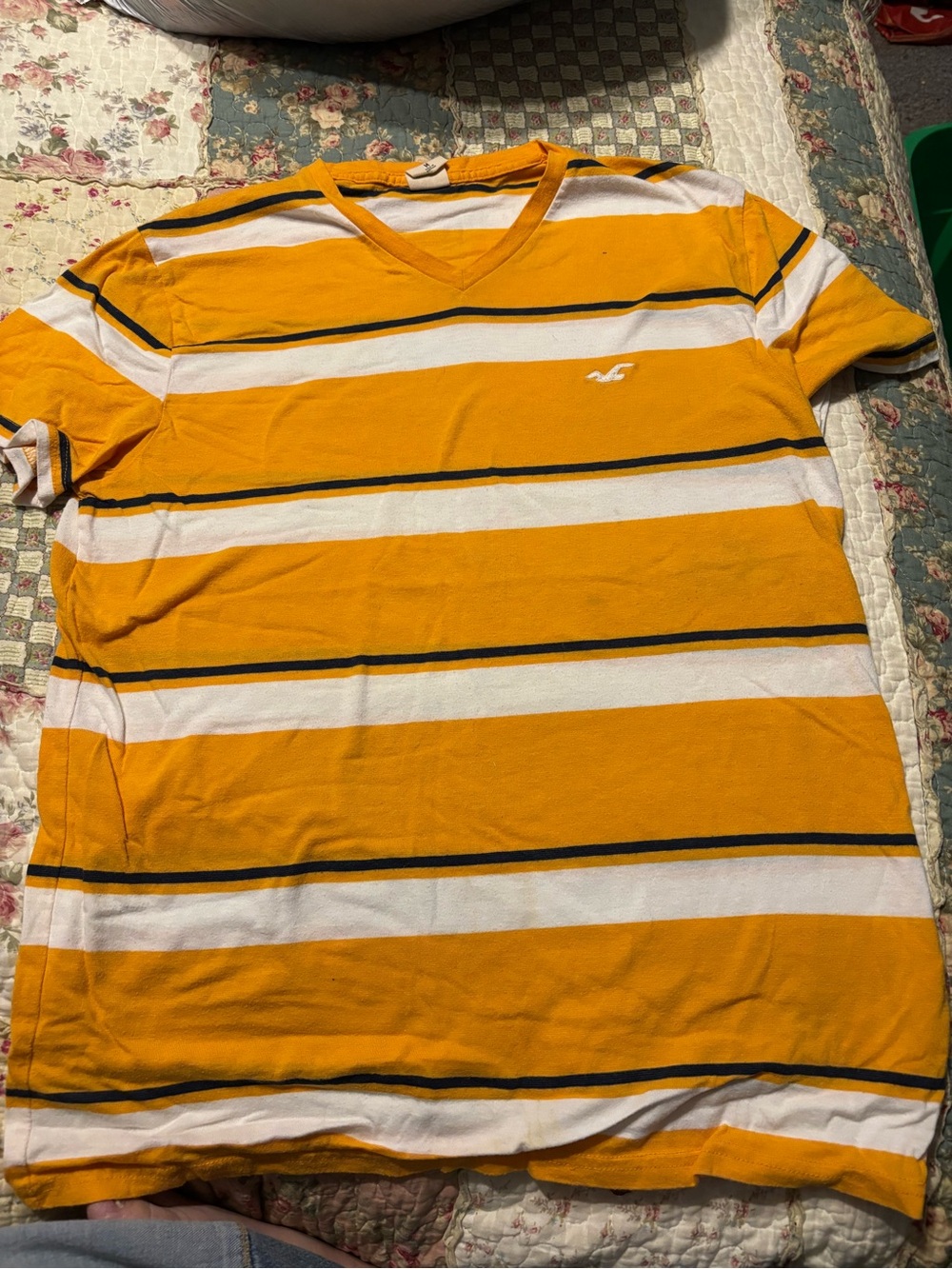 Hollister Men's Yellow Stripe V-Neck Shirt Medium
